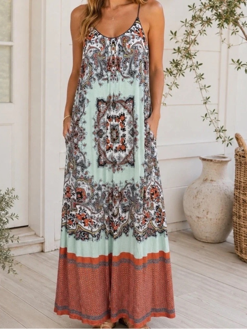 Anthropologie Boho Maxi Slip Dress in Mint & Rust